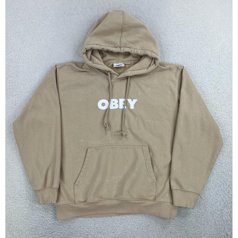 OBEY Hoodie Mens Medium Beige Logo Graphic Fleece Pullover Kangaroo Sweatshirt